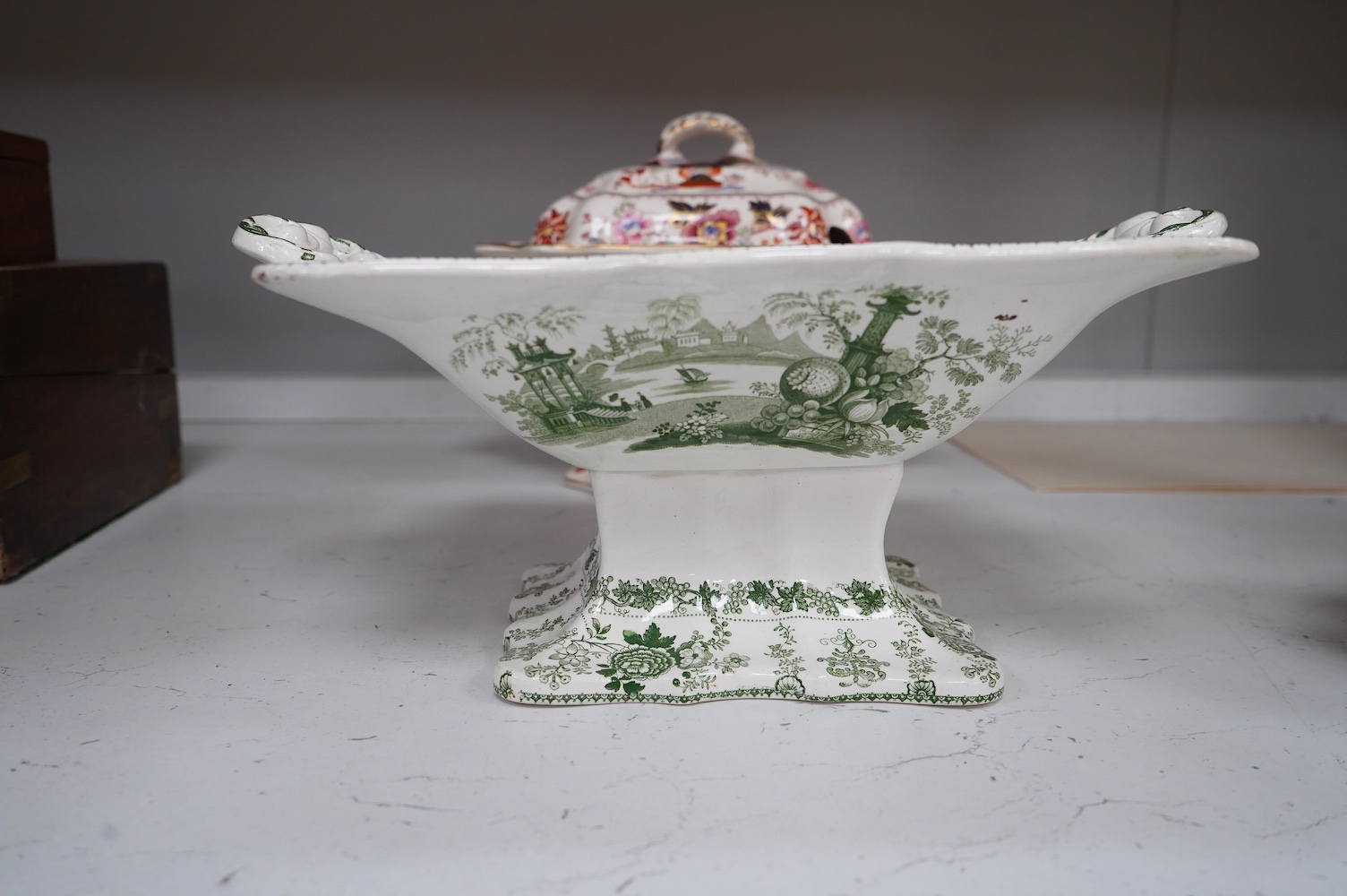 A Mason's ironstone tureen and cover, early 20th century, a Victorian Peking comport and a floral bowl and cover, largest 33cm (3). Condition - good